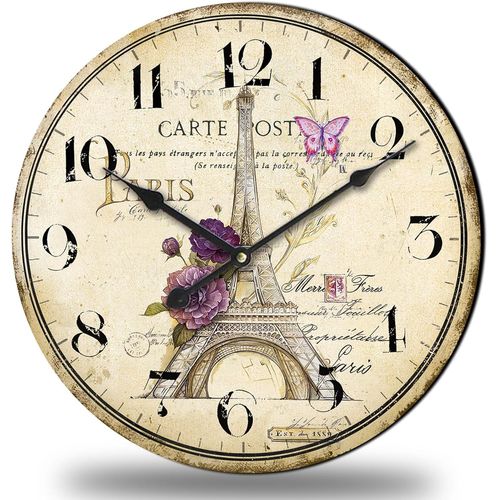 Horloge murale rétro silencieuse de 30,5 cm, fonctionne avec des piles, pour la cuisine, petite horloge murale décorative sans tic-tac, motif Tour Eiffel de Paris, pour le salon, horloge murale vintag