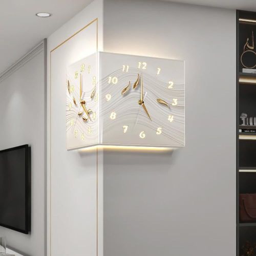 Horloge murale d'angle, horloge murale silencieuse à LED avec télécommande, horloge murale double face, horloge murale numérique avec veilleuse, horloge murale d'angle lumineuse avec chiffres (aiguill
