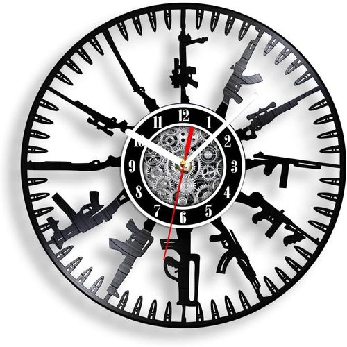 Horloge murale en vinyle Bullet Time, silencieuse, à quartz, motif pistolet militaire, gravée, longue durée, à suspendre, cadeau pour soldat et fan militaire, décoration d'intérieur