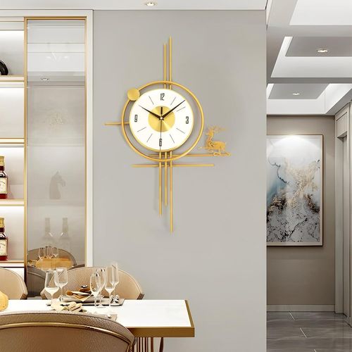 Grande horloge murale dorée en métal, élégante horloge murale décorative en métal avec élan, précise et silencieuse, horloge murale ronde géométrique en forme de cerf pour salon, chambre, salle à mang