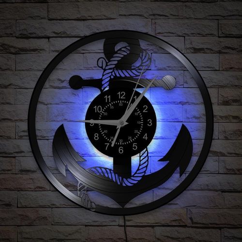 Horloge murale ancre et roue de bateau 12 pouces, 7 couleurs LED, horloge murale nautique côtière, veilleuse LED décorative vintage, mouvement silencieux pour chambre, salon, cuisine