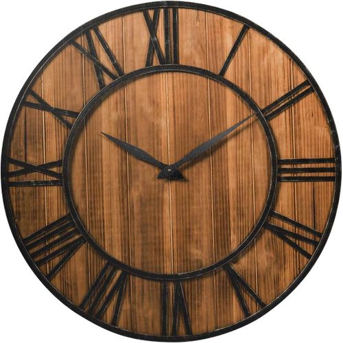 Horloge murale ronde de 27,5 pouces, grande horloge murale de ferme avec chiffres romains, horloge murale décorative en bois, livrée avec une pile AA, horloge murale rustique à suspendre pour la maiso