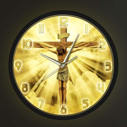 Horloge murale à LED avec commande vocale, Jésus-Christ sur la croix, Vendredi saint, Calvaire, cadre en métal, horloge murale chrétienne, spirituelle, Dieu, prière, silencieuse, Bible, foi, décoratio