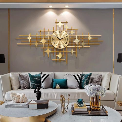 Grande horloge murale dorée, horloge à quartz créative en forme d'étoile dorée avec mouvement silencieux pour salon, chambre à coucher, bureau, 99 cm