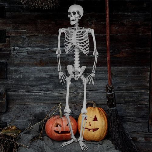 Squelette articulé grandeur nature pour Halloween, décorations d'Halloween, 12 articulations mobiles pour jardin, terrasse, pelouse, maison hantée, os humains réalistes, 65 pouces (sans lumières ni mu
