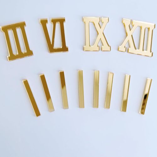 Lot de 12 chiffres romains dorés miroir et tirets pour horloge murale (doré miroir)