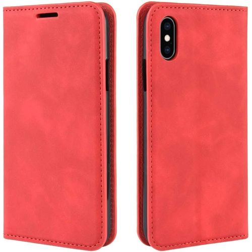 Coque Pour Iphone Xs Max, Antichoc Étui Housse En Cuir À Rabat Flip Cover Case Portefeuille Avec Porte Carte, Béquille, Fermeture Magnétique Pour Apple Iphone Xs Max, Rouge