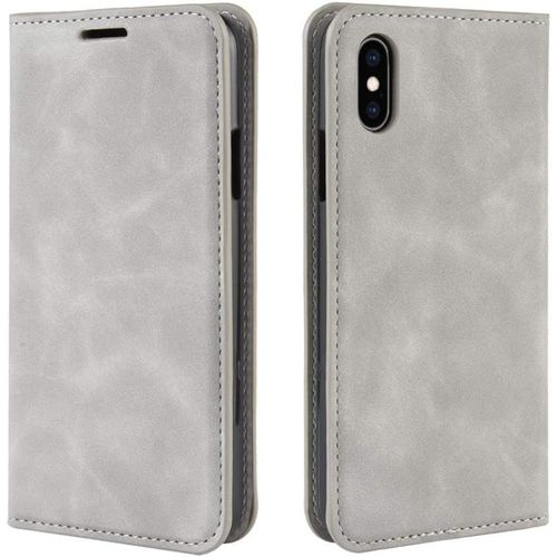 Coque Pour Iphone Xs Max, Antichoc Étui Housse En Cuir À Rabat Flip Cover Case Portefeuille Avec Porte Carte, Béquille, Fermeture Magnétique Pour Apple Iphone Xs Max, Gris