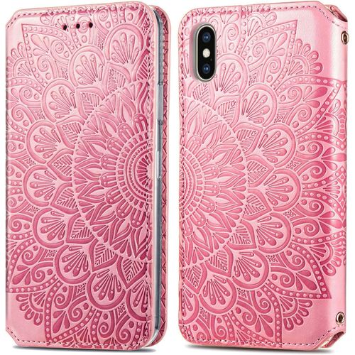 Coque Pour Iphone Xs Max, Mandala Portefeuille Étui Housse En Cuir À Rabat Flip Cover Case Antichoc Avec Porte Carte, Chiusura Magnetica Silicone Intérieur Pour Apple Iphone Xs Max, Rose