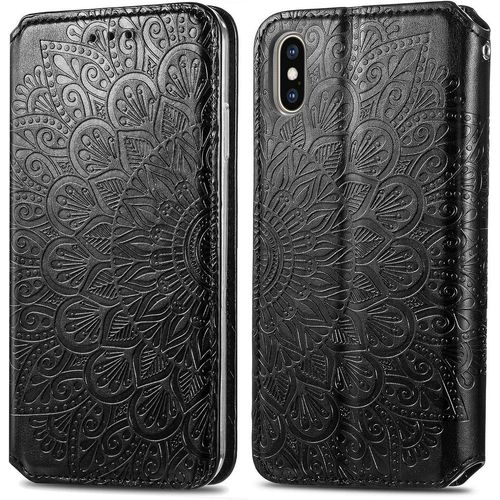 Coque Pour Iphone Xs Max, Mandala Portefeuille Étui Housse En Cuir À Rabat Flip Cover Case Antichoc Avec Porte Carte, Chiusura Magnetica Silicone Intérieur Pour Apple Iphone Xs Max, Noir