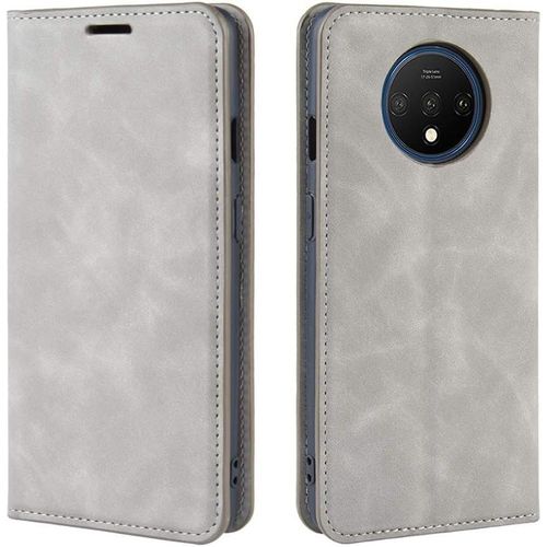 Coque Oneplus 7t, Antichoc Étui Housse En Cuir À Rabat Flip Cover Case Portefeuille Avec Porte Carte, Béquille, Fermeture Magnétique Intérieure En Silicone Pour Oneplus 7t, Gris