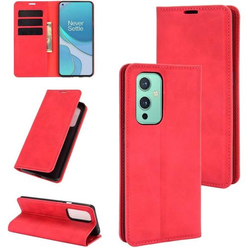 Coque Oneplus 9, Antichoc Étui Housse En Cuir À Rabat Flip Cover Case Portefeuille Avec Porte Carte, Béquille, Fermeture Magnétique Intérieure En Tpu Pour Oneplus 9, Rouge