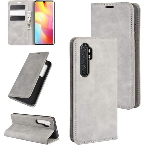 Coque Xiaomi Mi Note 10 Lite, Antichoc Étui Housse En Cuir À Rabat Flip Cover Case Portefeuille Avec Porte Carte, Béquille, Fermeture Magnétique Pour Xiaomi Mi Note 10 Lite, Gris