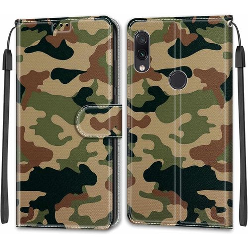 Coque Xiaomi Redmi Note 7 Pro/Note 7/Note 7s, Étui Housse En Cuir Coque Antichoc Flip Case Fonction Support Housse Avec Fentes De Cartes Magnétique Portefeuille Protection Case Camouflage