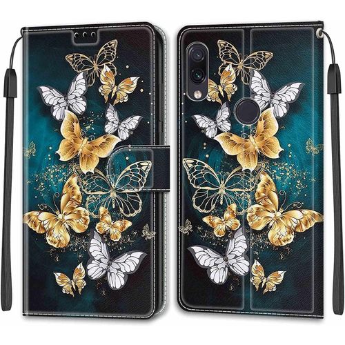 Coque Xiaomi Redmi Note 7 Pro/Note 7/Note 7s, Étui Housse En Cuir Coque Antichoc Flip Case Fonction Support Housse Avec Fentes De Cartes Magnétique Portefeuille Protection Case Papillon 3