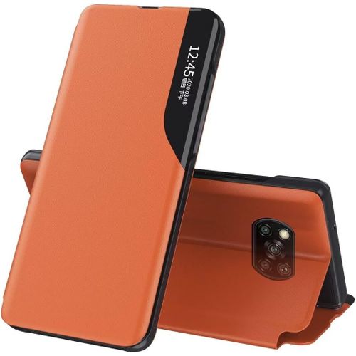 Cover Pour Xiaomi Poco X3 Nfc Coque,Flip Case En Cuir Pu,Fenêtre De Visualisation Étui,Silicone Coque Pour Xiaomi Poco X3 Nfc Case Orange