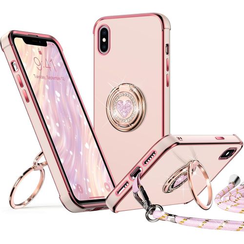 Coque Pour Iphone X/Xs, Avec Double Anneau De Support C?ur, Avec Lanière Pour Filles Et Femmes, Coque De Protection De Luxe Mignonne Et Scintillante Pour Iphone X/Xs, Rose