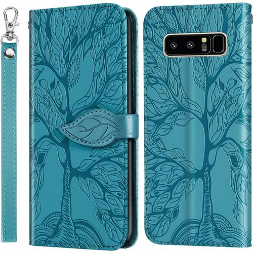 Coque Pour Samsung Galaxy Note 8, Avec Protection D'écran , Coque En Cuir Haut De Gamme Avec Fonction De Support Et Emplacement Pour Carte, Motif En Relief 3d, Arbre De Vie, Le Bleu Du Lac