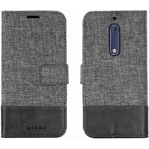 Portefeuille Coque Pour Nokia 5 2017 Smartphone Pu Cuir Flip Magnétique Housse Avec Carte Fentes Et Stand Fonction Style De Toile De Lin Gris