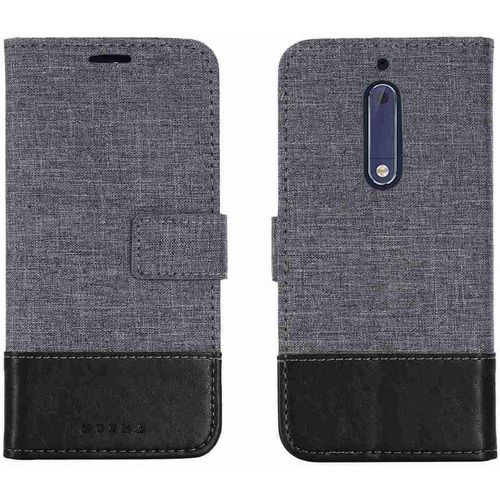 Portefeuille Coque Pour Nokia 5 2017 Smartphone Pu Cuir Flip Magnétique Housse Avec Carte Fentes Et Stand Fonction Style De Toile De Lin Noir