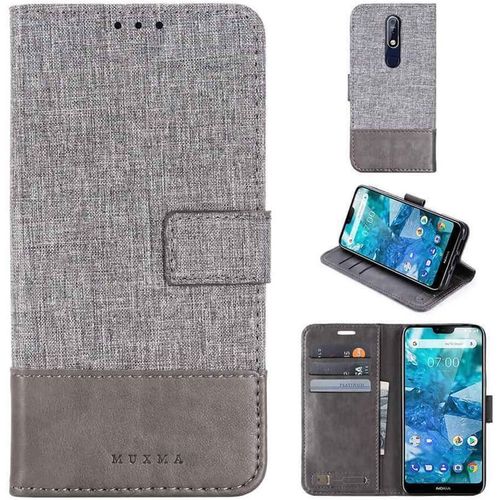 Portefeuille Coque Pour Nokia 7.1 Smartphone Pu Cuir Flip Magnétique Housse Avec Carte Fentes Et Stand Fonction Style De Toile De Lin Gris
