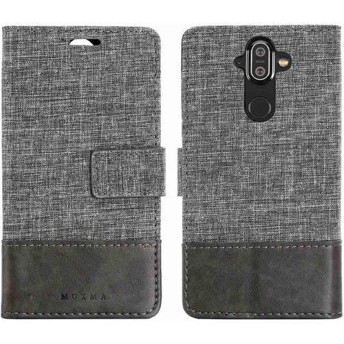 Portefeuille Coque Pour Nokia 8 Sircocco Smartphone Pu Cuir Flip Magnétique Housse Avec Carte Fentes Et Stand Fonction Style De Toile De Lin Gris