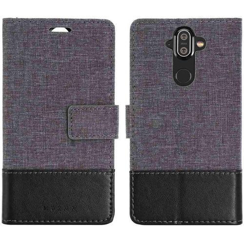 Portefeuille Coque Pour Nokia 8 Sircocco Smartphone Pu Cuir Flip Magnétique Housse Avec Carte Fentes Et Stand Fonction Style De Toile De Lin Noir
