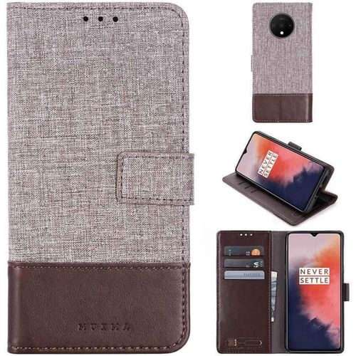 Portefeuille Coque Pour Oneplus 7t Smartphone Pu Cuir Flip Magnétique Housse Avec Carte Fentes Et Stand Fonction Style De Toile De Lin Marron