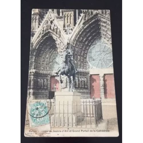 Carte Postale Reims Statue Jeanne D Arc Grand Portail Cathedrale En L'état Sur Les Photos