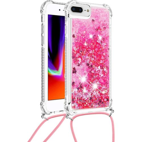 Cordon Case Coque Pour Iphone 6s Plus/7 Plus/8 Plus Coques Pop Magnifique Liquide Paillettes Doux Tpu Coque Étincelle Protection Arrière Silicone Coque Antichoc Mignon Transparente Pour-Rose