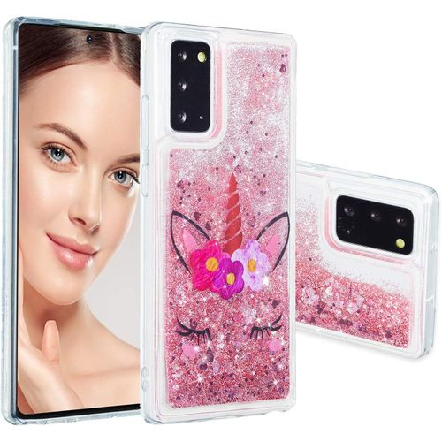 Liquide Coque Samsung Galaxy Note20 Glitter Étui Clair Souple Gel Silicone Crystal Cover Glitter Brillante Rose Sables Quicksand Flottant Flowing Paillette Case Mignon Fille Housse Licorne