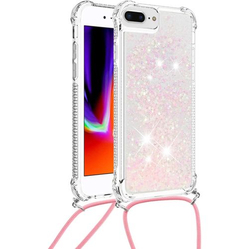 Antichoc Coque Pour Iphone 6s Plus/7 Plus/8 Plus Coques Pop Magnifique Liquide Paillettes Doux Tpu Coque Étincelle Protection Arrière Silicone Coque Transparente Cordon Case Pour-Rose Argenté