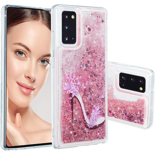Liquide Coque Samsung Galaxy Note20 Glitter Étui Clair Souple Gel Silicone Crystal Cover Glitter Brillante Rose Sables Quicksand Flottant Flowing Paillette Case Mignon Fille Housse Talons Hauts