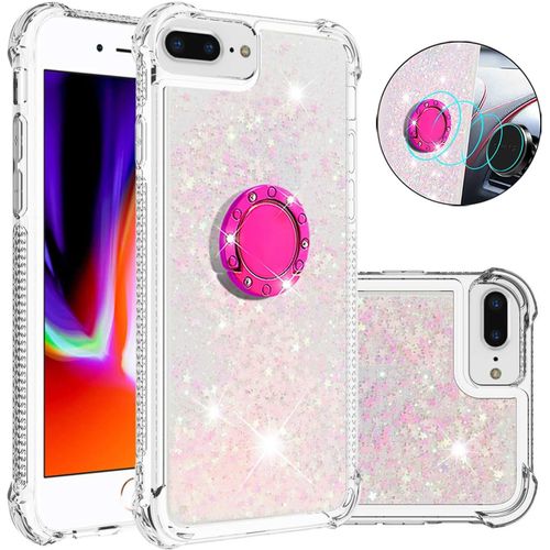 Antichoc Coque Pour Iphone 6s Plus/7 Plus/8 Plus Coques Pop Magnifique Liquide Paillettes Doux Tpu Coque Étincelle Protection Arrière Silicone Coque Transparente Porte-Anneau Case Pour-Rose Argenté