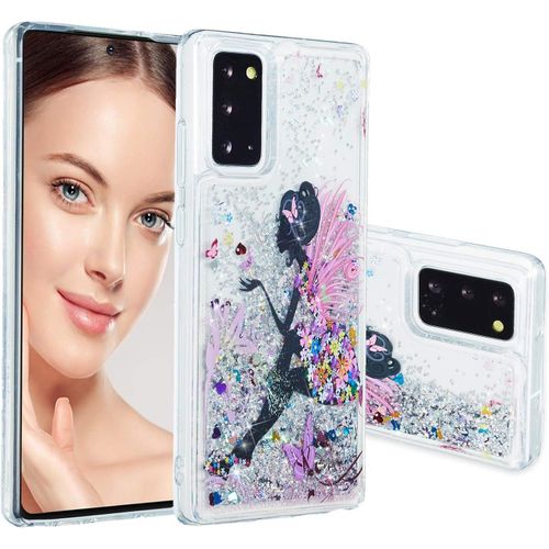 Liquide Coque Samsung Galaxy Note20 Glitter Étui Magnifique Shiny Argent Blanc Paillettes Sables Mouvants Transparente Arrière Housse Amour Style Cute Lovely Dynamique Phone Case Fée Papillon