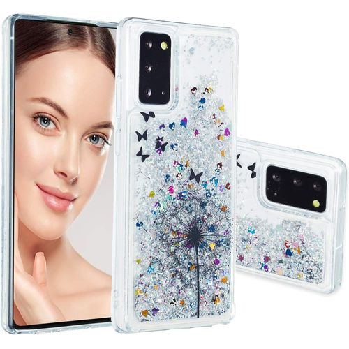 Liquide Coque Samsung Galaxy Note20 Glitter Étui Magnifique Shiny Argent Blanc Paillettes Sables Mouvants Transparente Arrière Housse Amour Style Cute Lovely Dynamique Flowing Case Pissenlit