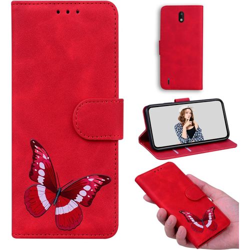 Bookstyle Coque Cuir Pour Nokia 1.3 Étui Flip Stand Wallet Cover Color Printed Butterfly Skin Friendly Pu Cuir Folio Tpu Coque Intérieure Fente Pour Carte Case Pour Nokia 1.3 Rouge