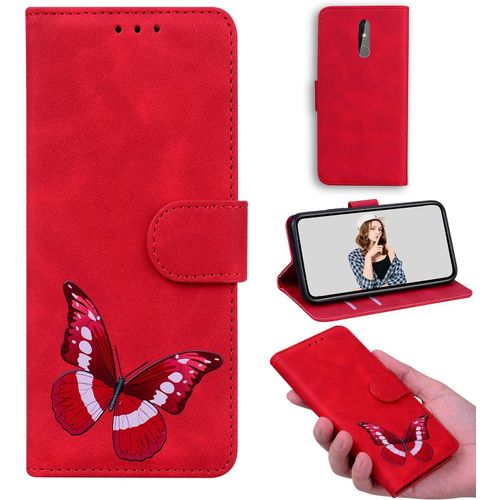 Bookstyle Coque Cuir Pour Nokia 3.2 Étui Flip Stand Wallet Cover Color Printed Butterfly Skin Friendly Pu Cuir Folio Tpu Coque Intérieure Fente Pour Carte Case Pour Nokia 3.2 Rouge