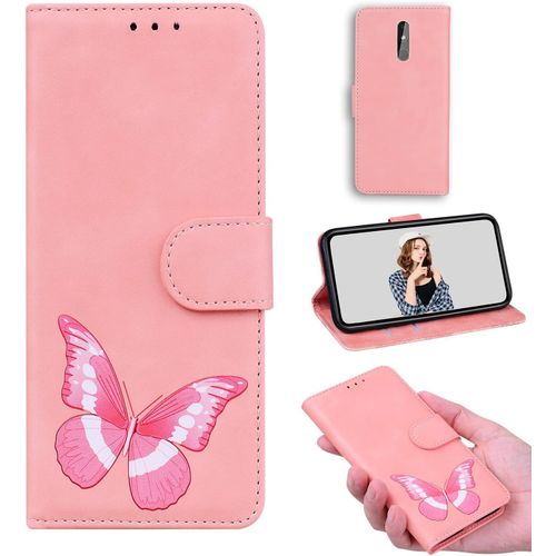 Leather Pu Coque Cuir Pour Nokia 3.2 Étui Flip Stand Wallet Cover Color Printed Butterfly Skin Friendly Pu Cuir Folio Tpu Coque Intérieure Fente Pour Carte Case Pour Nokia 3.2 Rose