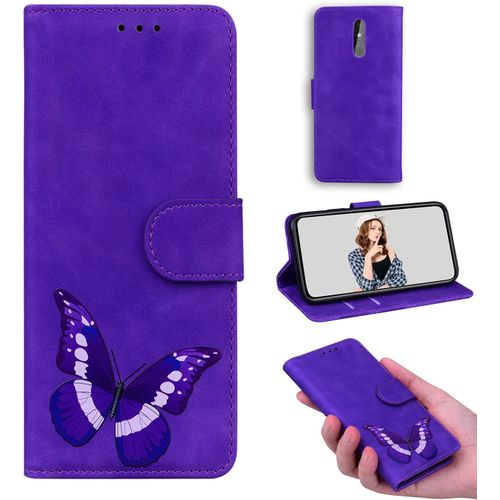 Coque Cuir Pour Nokia 3.2 Étui Flip Stand Wallet Cover Color Printed Butterfly Pattern Skin Friendly Pu Cuir Folio Tpu Coque Intérieure Fente Pour Carte Case Pour Nokia 3.2 Violet