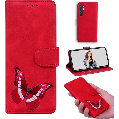 Bookstyle Coque Cuir Pour Xiaomi Mi Note 10 Lite Étui Flip Stand Wallet Cover Butterfly Skin-Friendly Pu Cuir Folio Tpu Coque Intérieure Fente Pour Carte Case Pour Xiaomi Mi Note 10 Lite-Rouge