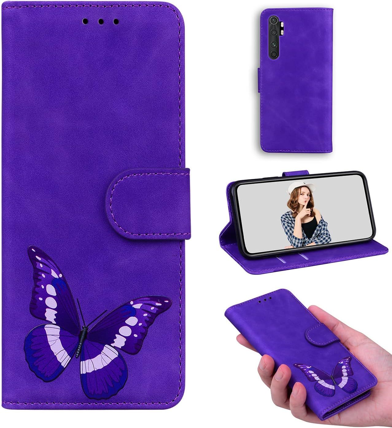 Coque Cuir Pour Xiaomi Mi Note 10 Lite Étui Flip Stand Wallet Cover Butterfly Pattern Skin-Friendly Pu Cuir Folio Tpu Coque Intérieure Fente Pour Carte Case Pour Xiaomi Mi Note 10 Lite-Violet