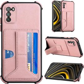 Étui Antichoc Pour Xiaomi Poco M3 Cover Stand Wallet Cover Couleur Unie Doux Peau Cuir Pu Téléphone Anti Chute Étui Arrière Fente Carte Mode Housse Protection Pour Xiaomi Poco M3 Rose