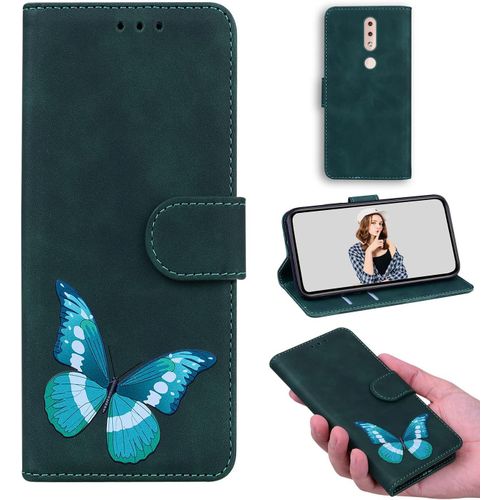 Folio Etui Coque Pour Nokia 4.2 Étui Flip Stand Wallet Cover Color Printed Butterfly Pattern Skin Friendly Pu Cuir Tpu Coque Intérieure Fente Pour Carte Case Pour Nokia 4.2 Vert Foncé