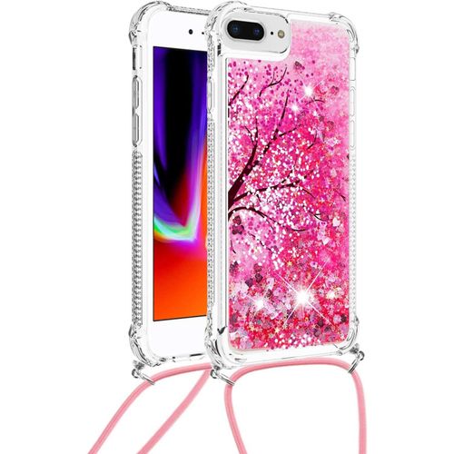 Silicone Coque Pour Iphone 6s Plus/7 Plus/8 Plus Coques Pop Magnifique Liquide Paillettes Tpu Cordon Coque Étincelle Protection Arrière Coque Antichoc Mignon Transparente Couverture Pour-Arbre Rose