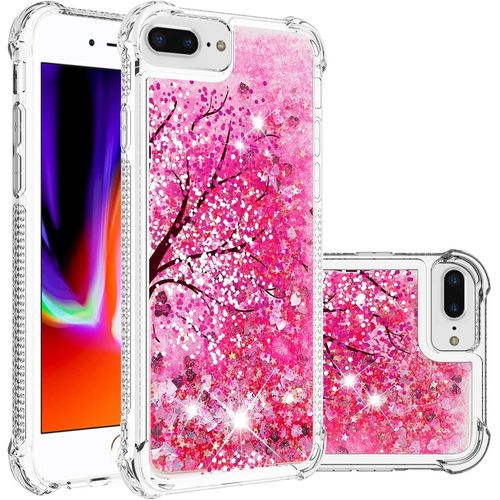 Silicone Coque Pour Iphone 6s Plus/7 Plus/8 Plus Coques Pop Magnifique Liquide Paillettes Doux Tpu Coque Étincelle Protection Arrière Coque Antichoc Mignon Transparente Couverture Pour-Arbre Rose