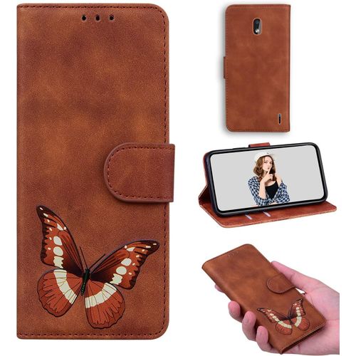 Pochette Flip Coque Cuir Pour Nokia 2.2 Étui Flip Stand Wallet Cover Color Printed Butterfly Skin Friendly Pu Cuir Folio Tpu Coque Intérieure Fente Pour Carte Case Pour Nokia 2.2 Brun