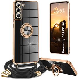 Coque Samsung Galaxy S21 Fe Avec Cordon, Coque Samsung Galaxy S21 Fe Avec Collier Silicone Housse 360° Voiture De Bague Magnétique Antichoc Étui Avec Cordon Collier Réglable Case Cover, Noir