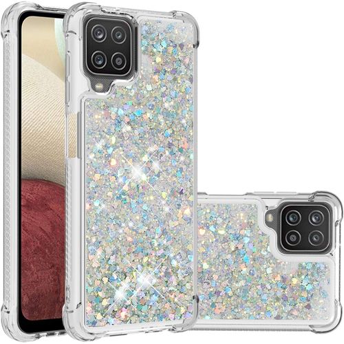 Coque Galaxy A12, Glitter Bling Flottant Flottant Luxe Quicksand Tpu Bumper Liquide Coque De Protection Anti Chocs Coque Pour Samsung Galaxy A12, C-Silver Love