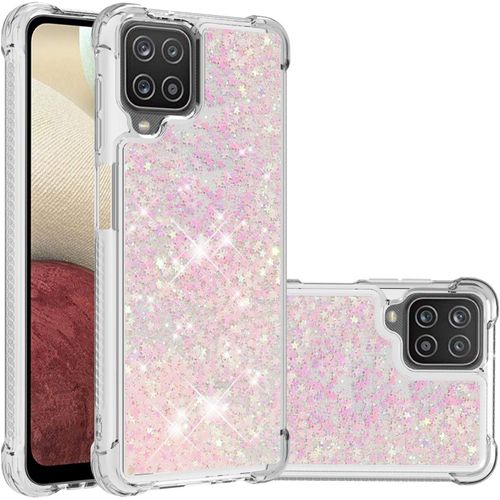 Coque Galaxy A12, Glitter Bling Flottant Flottant Luxe Quicksand Tpu Bumper Liquide Coque De Protection Anti Chocs Coque Pour Samsung Galaxy A12, Silver Pink Star